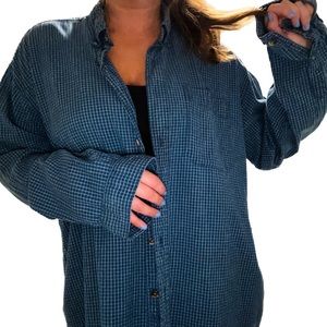 Blue checkered button down flannel style shirt